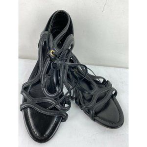 HUGO BOSS Women Black Genuine Leather Tassels Strappy Gladiator Sandals Sz 39